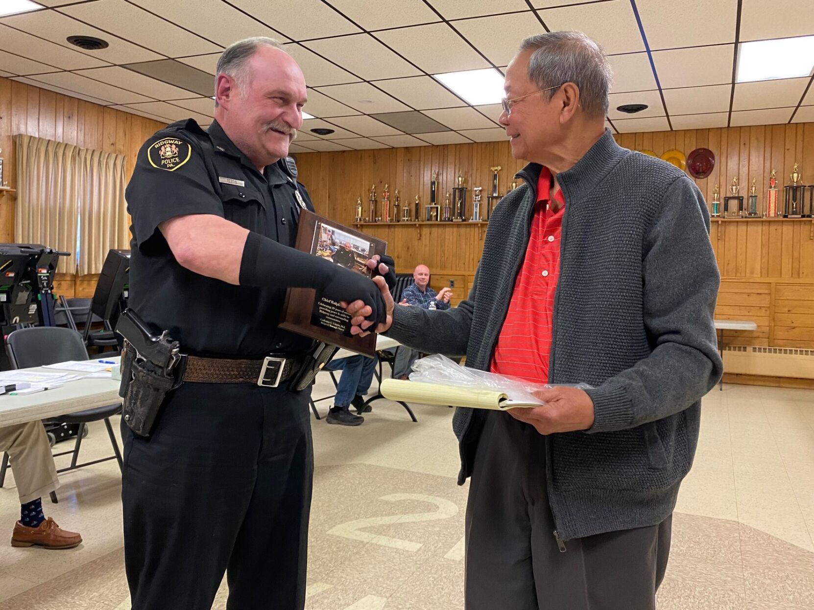 Ridgway Borough Council, Mayor Guillermo Udarbe presented a 20-year service award to Police Chief Ralph Tettis